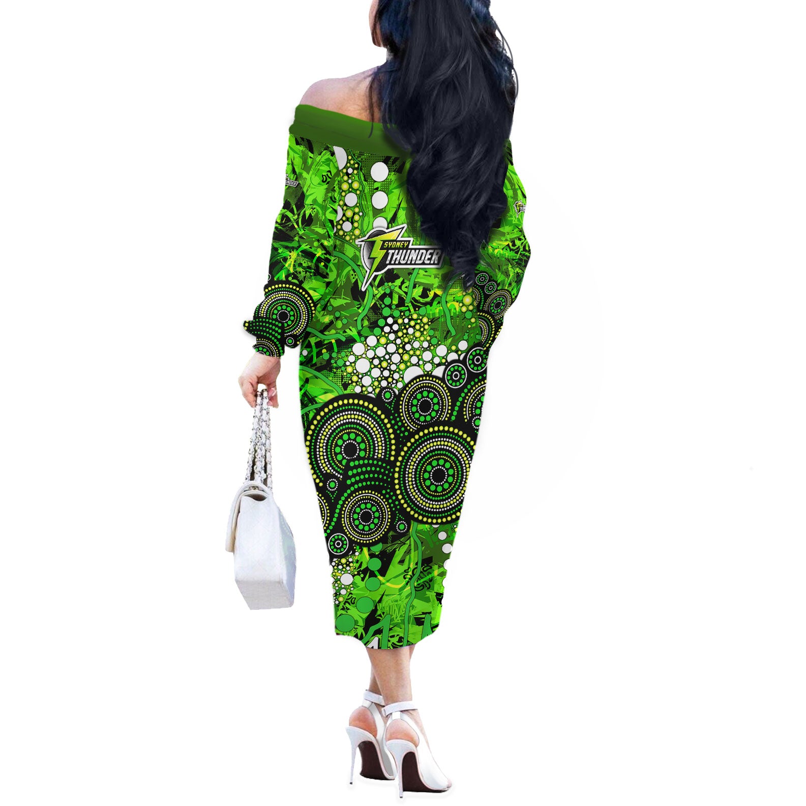 Sydney Thunder Off The Shoulder Long Sleeve Dress Graffiti Urban Aboriginal Dot Abstract Design