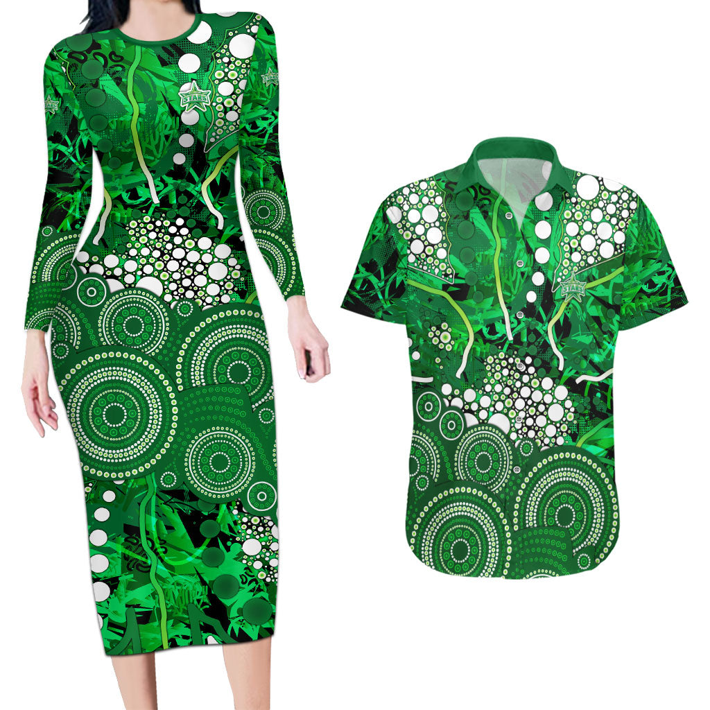 Melbourne Stars Couples Matching Long Sleeve Bodycon Dress and Hawaiian Shirt Graffiti Urban Aboriginal Dot Abstract Design