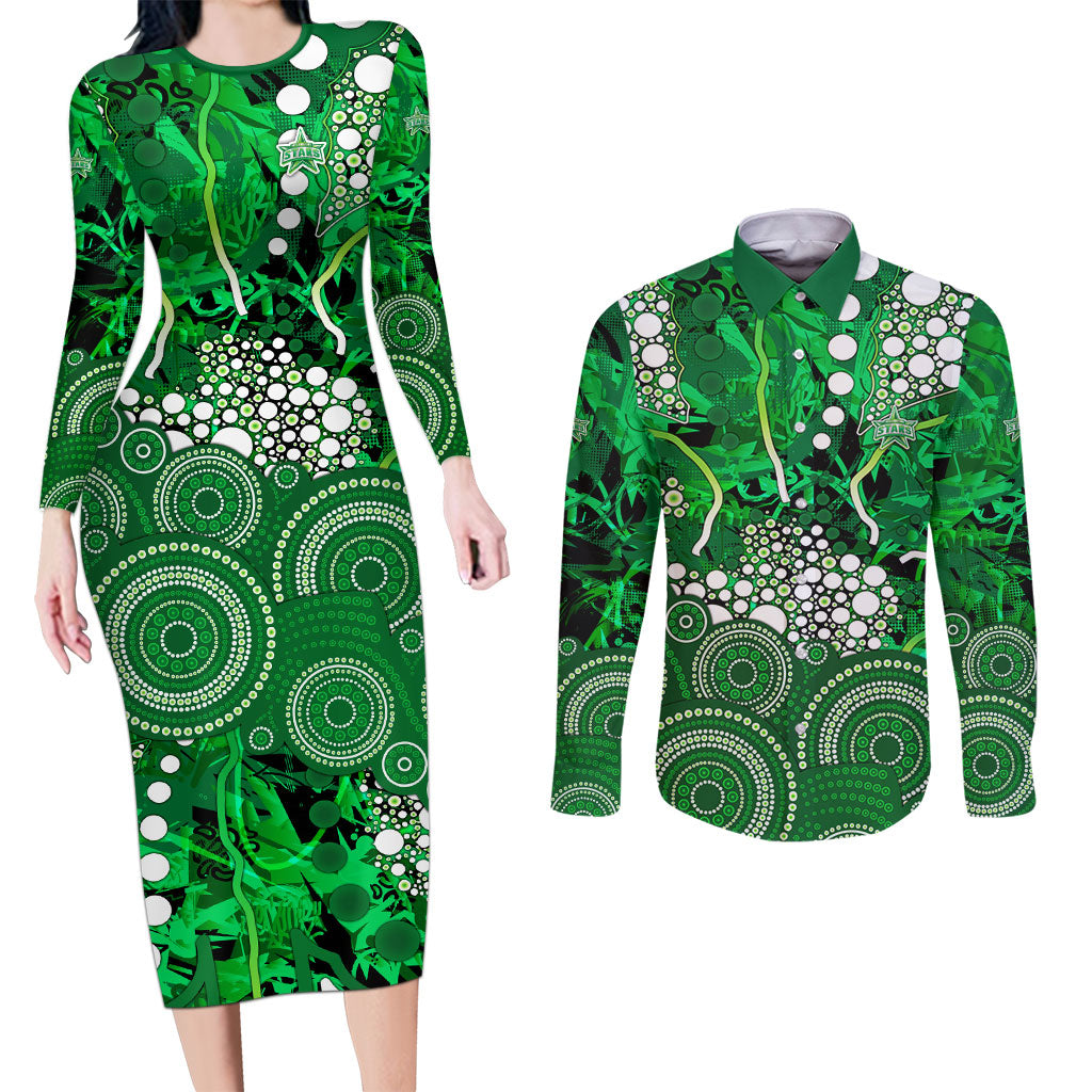 Melbourne Stars Couples Matching Long Sleeve Bodycon Dress and Long Sleeve Button Shirt Graffiti Urban Aboriginal Dot Abstract Design
