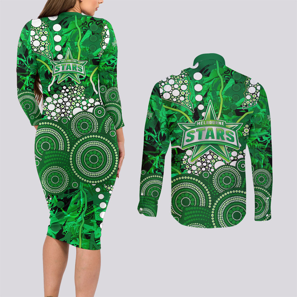 Melbourne Stars Couples Matching Long Sleeve Bodycon Dress and Long Sleeve Button Shirt Graffiti Urban Aboriginal Dot Abstract Design