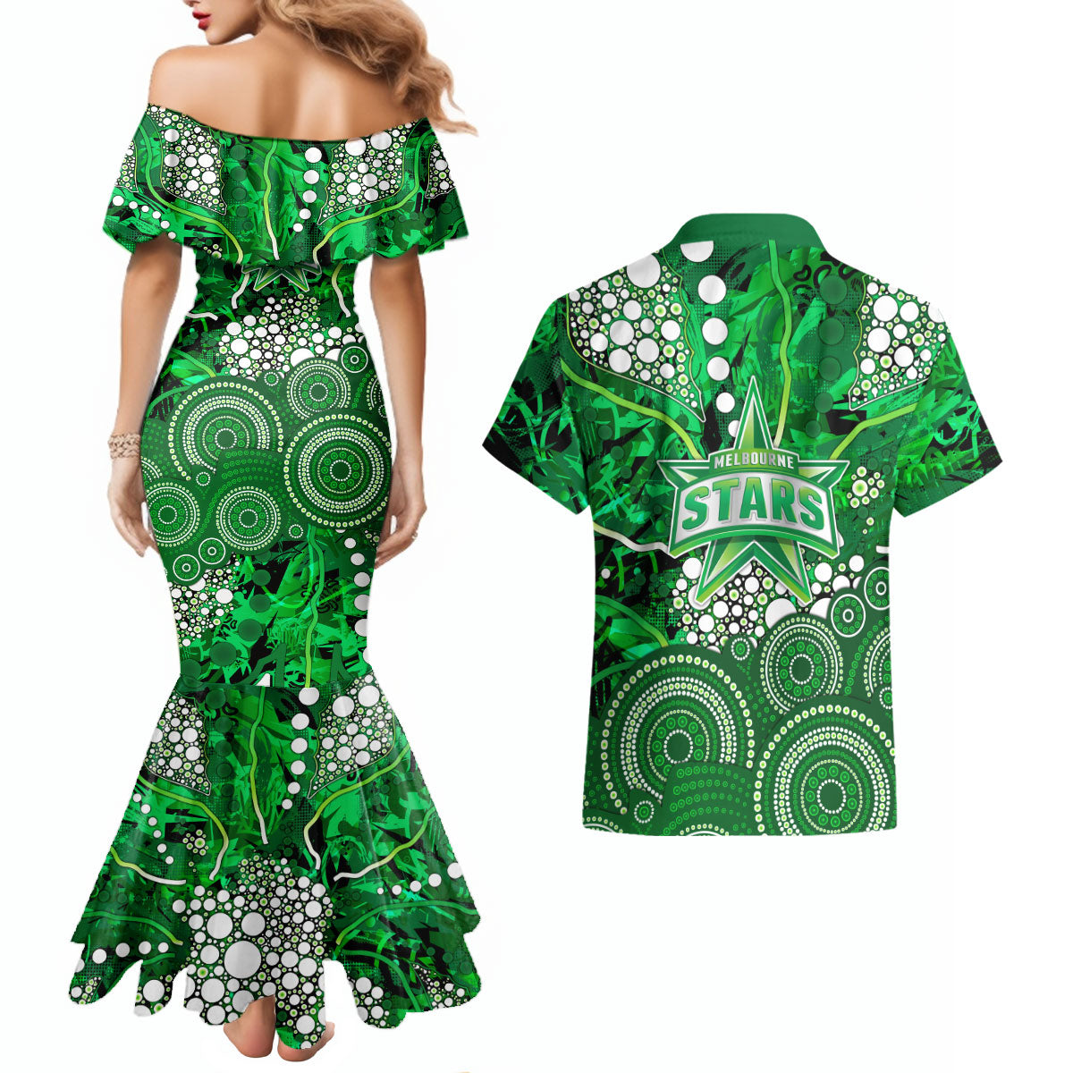 Melbourne Stars Couples Matching Mermaid Dress and Hawaiian Shirt Graffiti Urban Aboriginal Dot Abstract Design
