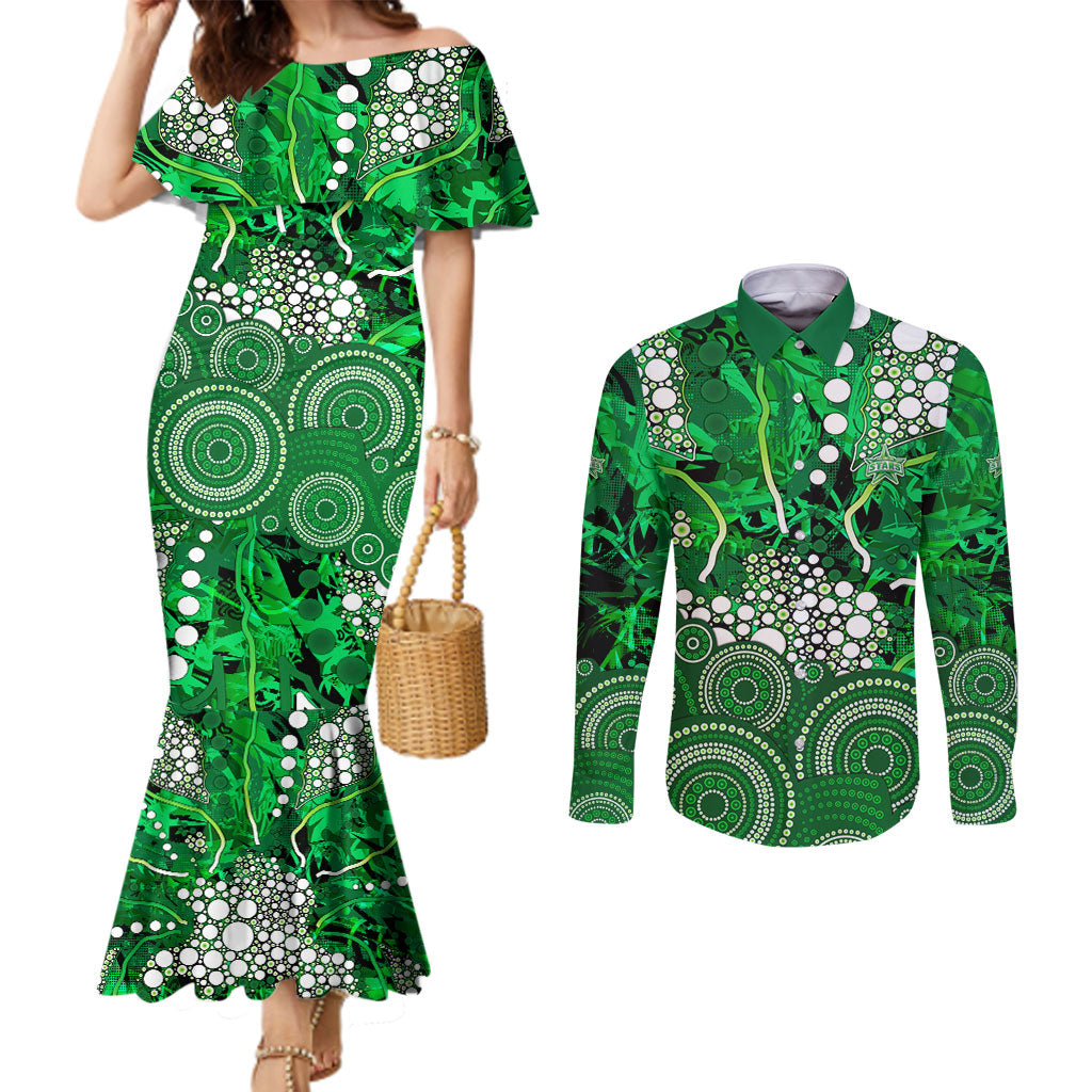 Melbourne Stars Couples Matching Mermaid Dress and Long Sleeve Button Shirt Graffiti Urban Aboriginal Dot Abstract Design