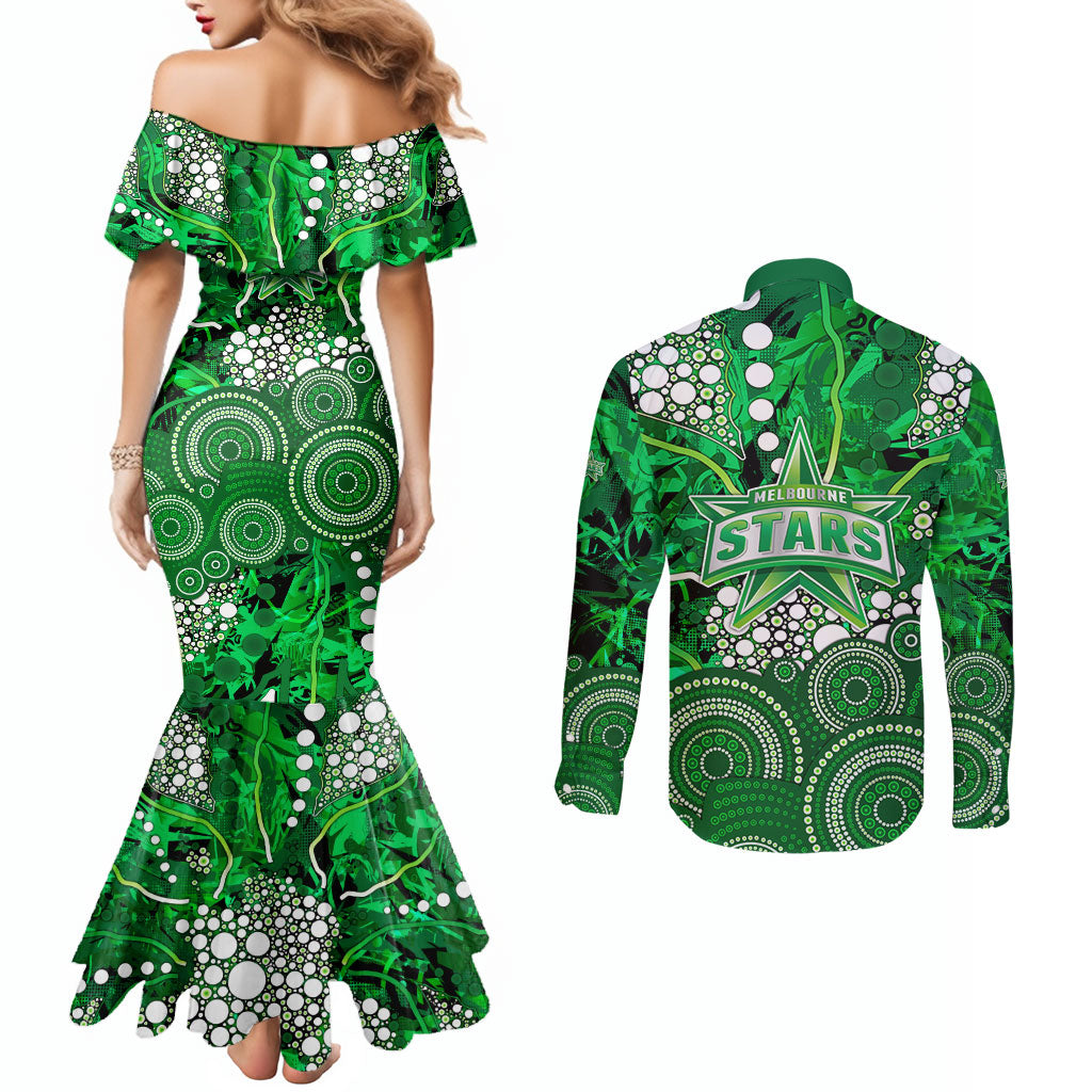 Melbourne Stars Couples Matching Mermaid Dress and Long Sleeve Button Shirt Graffiti Urban Aboriginal Dot Abstract Design