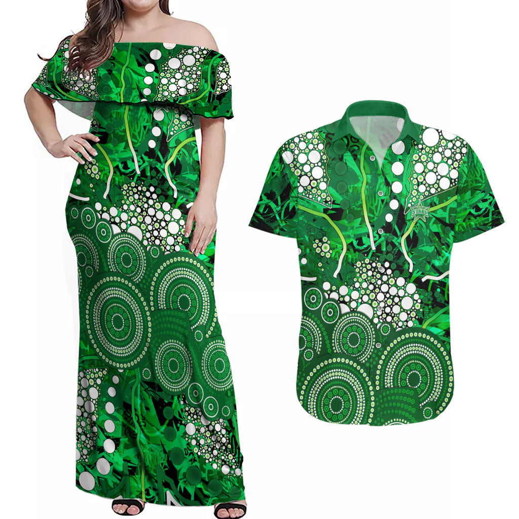 Melbourne Stars Couples Matching Off Shoulder Maxi Dress and Hawaiian Shirt Graffiti Urban Aboriginal Dot Abstract Design