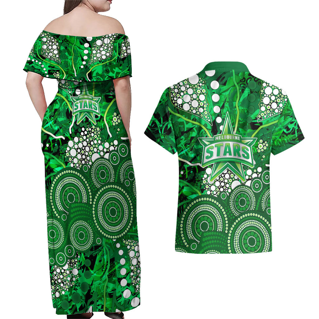 Melbourne Stars Couples Matching Off Shoulder Maxi Dress and Hawaiian Shirt Graffiti Urban Aboriginal Dot Abstract Design
