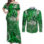 Melbourne Stars Couples Matching Off Shoulder Maxi Dress and Long Sleeve Button Shirt Graffiti Urban Aboriginal Dot Abstract Design
