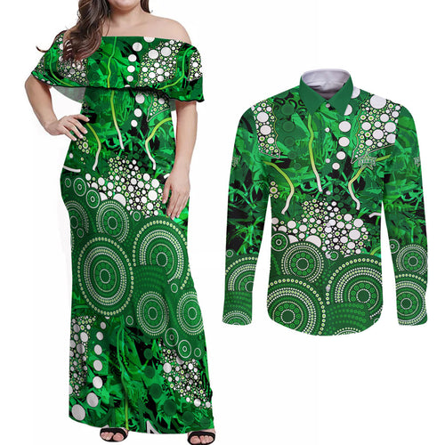 Melbourne Stars Couples Matching Off Shoulder Maxi Dress and Long Sleeve Button Shirt Graffiti Urban Aboriginal Dot Abstract Design
