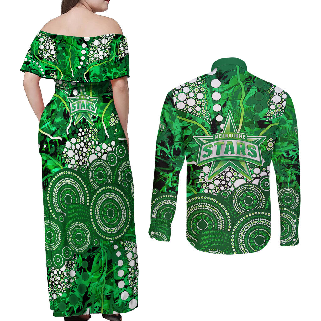 Melbourne Stars Couples Matching Off Shoulder Maxi Dress and Long Sleeve Button Shirt Graffiti Urban Aboriginal Dot Abstract Design