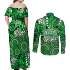 Melbourne Stars Couples Matching Off Shoulder Maxi Dress and Long Sleeve Button Shirt Graffiti Urban Aboriginal Dot Abstract Design