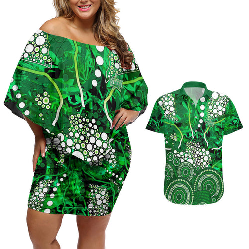 Melbourne Stars Couples Matching Off Shoulder Short Dress and Hawaiian Shirt Graffiti Urban Aboriginal Dot Abstract Design