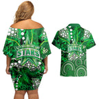 Melbourne Stars Couples Matching Off Shoulder Short Dress and Hawaiian Shirt Graffiti Urban Aboriginal Dot Abstract Design