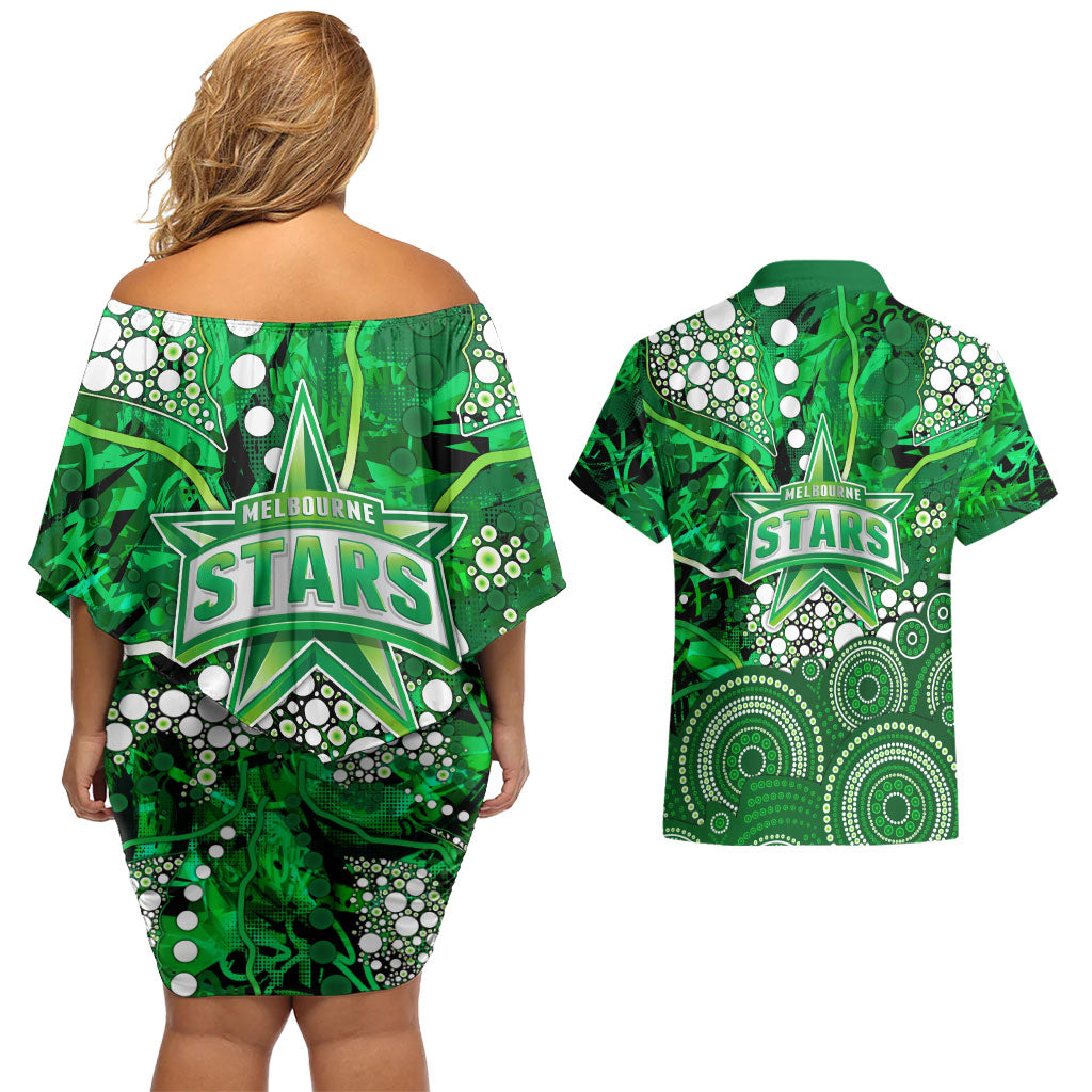 Melbourne Stars Couples Matching Off Shoulder Short Dress and Hawaiian Shirt Graffiti Urban Aboriginal Dot Abstract Design