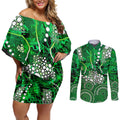 Melbourne Stars Couples Matching Off Shoulder Short Dress and Long Sleeve Button Shirt Graffiti Urban Aboriginal Dot Abstract Design