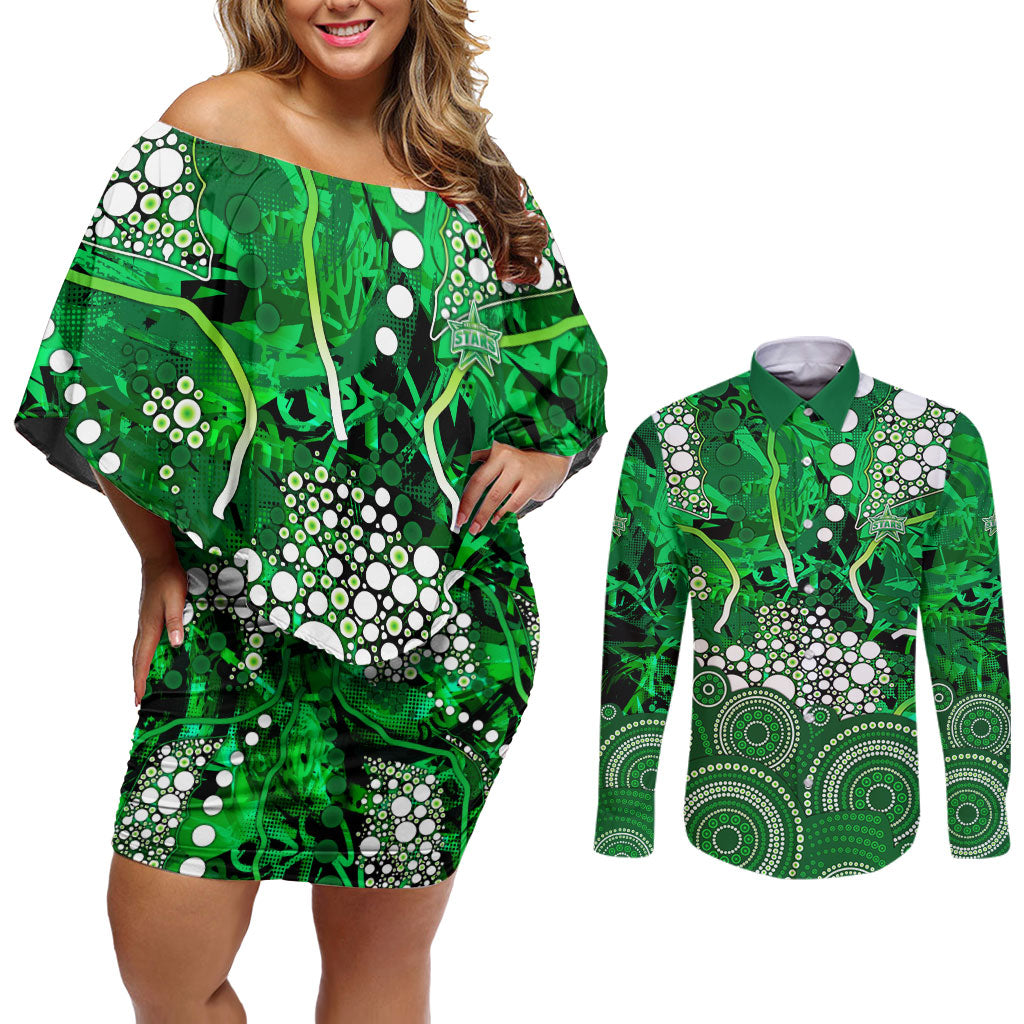 Melbourne Stars Couples Matching Off Shoulder Short Dress and Long Sleeve Button Shirt Graffiti Urban Aboriginal Dot Abstract Design