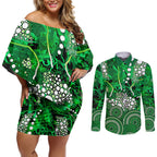 Melbourne Stars Couples Matching Off Shoulder Short Dress and Long Sleeve Button Shirt Graffiti Urban Aboriginal Dot Abstract Design