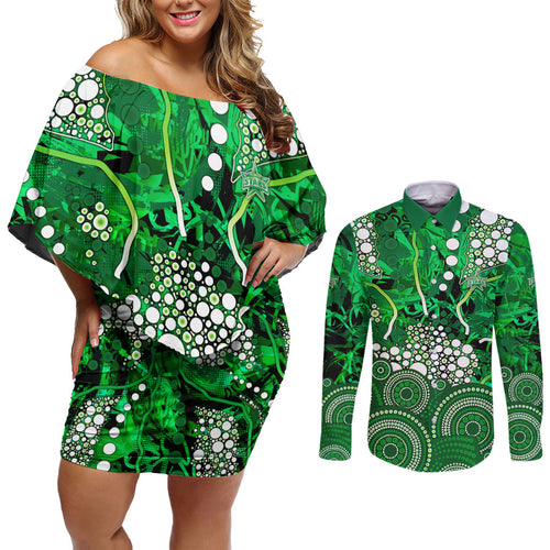 Melbourne Stars Couples Matching Off Shoulder Short Dress and Long Sleeve Button Shirt Graffiti Urban Aboriginal Dot Abstract Design