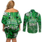 Melbourne Stars Couples Matching Off Shoulder Short Dress and Long Sleeve Button Shirt Graffiti Urban Aboriginal Dot Abstract Design