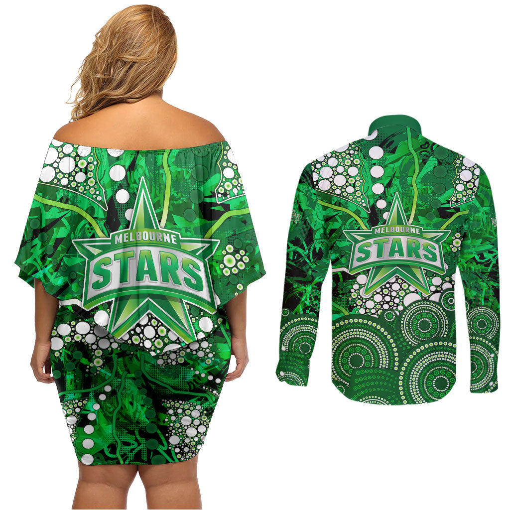 Melbourne Stars Couples Matching Off Shoulder Short Dress and Long Sleeve Button Shirt Graffiti Urban Aboriginal Dot Abstract Design