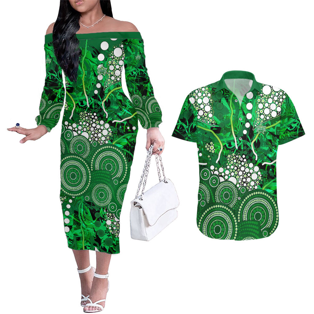 Melbourne Stars Couples Matching Off The Shoulder Long Sleeve Dress and Hawaiian Shirt Graffiti Urban Aboriginal Dot Abstract Design