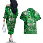 Melbourne Stars Couples Matching Off The Shoulder Long Sleeve Dress and Hawaiian Shirt Graffiti Urban Aboriginal Dot Abstract Design