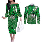 Melbourne Stars Couples Matching Off The Shoulder Long Sleeve Dress and Long Sleeve Button Shirt Graffiti Urban Aboriginal Dot Abstract Design