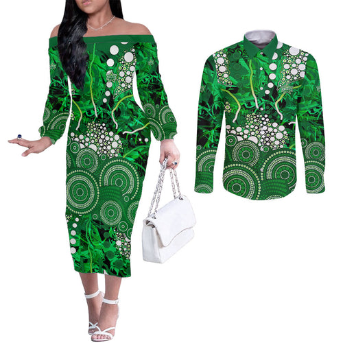 Melbourne Stars Couples Matching Off The Shoulder Long Sleeve Dress and Long Sleeve Button Shirt Graffiti Urban Aboriginal Dot Abstract Design