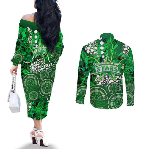 Melbourne Stars Couples Matching Off The Shoulder Long Sleeve Dress and Long Sleeve Button Shirt Graffiti Urban Aboriginal Dot Abstract Design