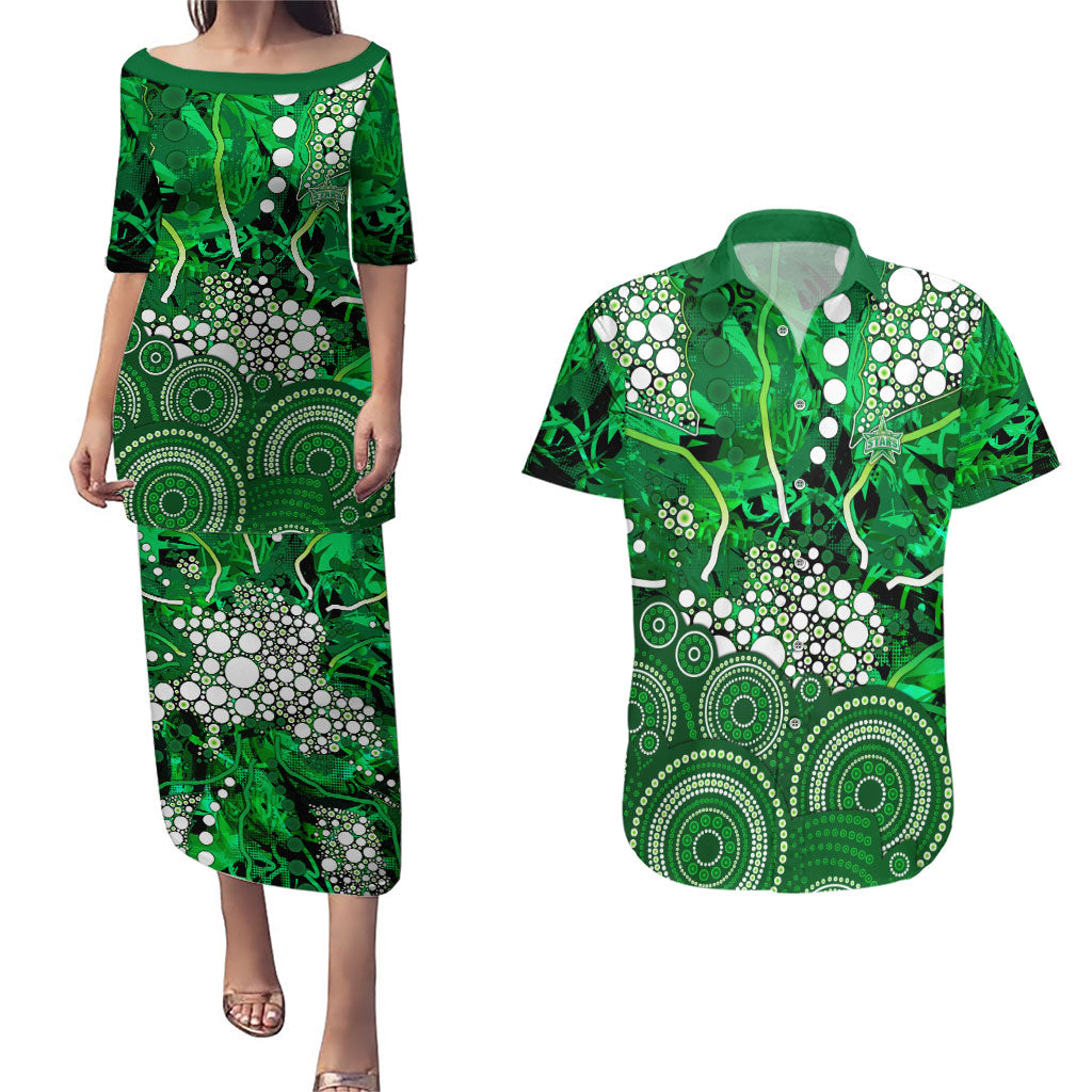 Melbourne Stars Couples Matching Puletasi and Hawaiian Shirt Graffiti Urban Aboriginal Dot Abstract Design