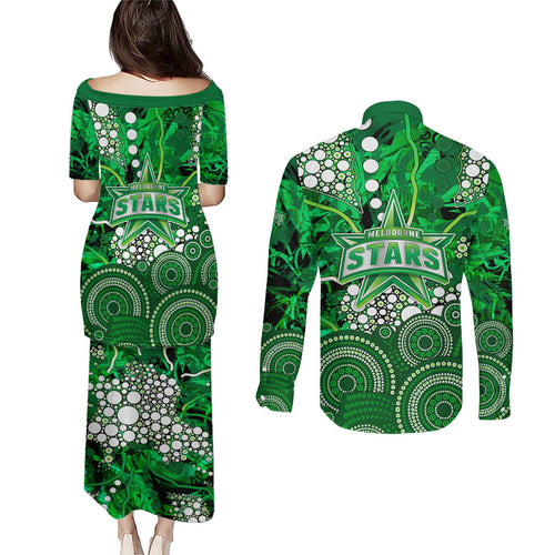 Melbourne Stars Couples Matching Puletasi and Long Sleeve Button Shirt Graffiti Urban Aboriginal Dot Abstract Design