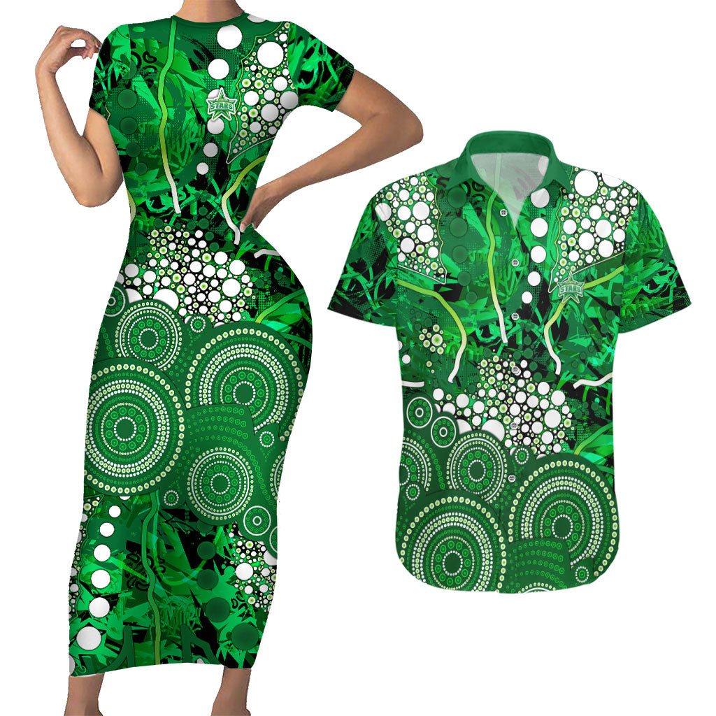 Melbourne Stars Couples Matching Short Sleeve Bodycon Dress and Hawaiian Shirt Graffiti Urban Aboriginal Dot Abstract Design