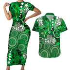 Melbourne Stars Couples Matching Short Sleeve Bodycon Dress and Hawaiian Shirt Graffiti Urban Aboriginal Dot Abstract Design