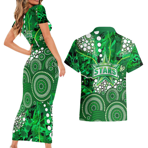 Melbourne Stars Couples Matching Short Sleeve Bodycon Dress and Hawaiian Shirt Graffiti Urban Aboriginal Dot Abstract Design