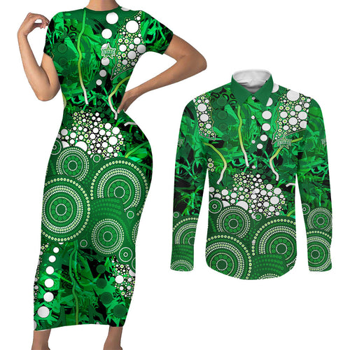 Melbourne Stars Couples Matching Short Sleeve Bodycon Dress and Long Sleeve Button Shirt Graffiti Urban Aboriginal Dot Abstract Design