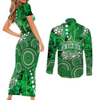 Melbourne Stars Couples Matching Short Sleeve Bodycon Dress and Long Sleeve Button Shirt Graffiti Urban Aboriginal Dot Abstract Design
