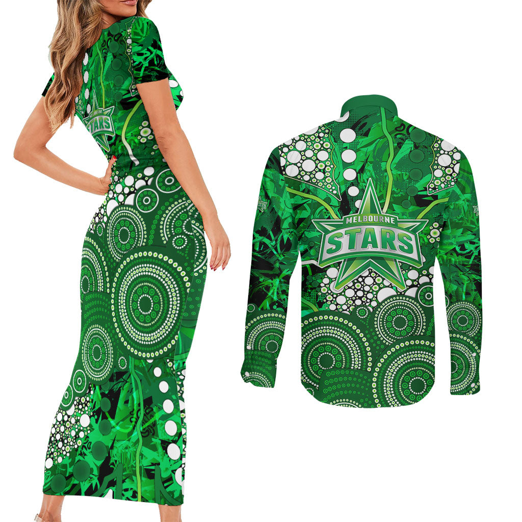 Melbourne Stars Couples Matching Short Sleeve Bodycon Dress and Long Sleeve Button Shirt Graffiti Urban Aboriginal Dot Abstract Design