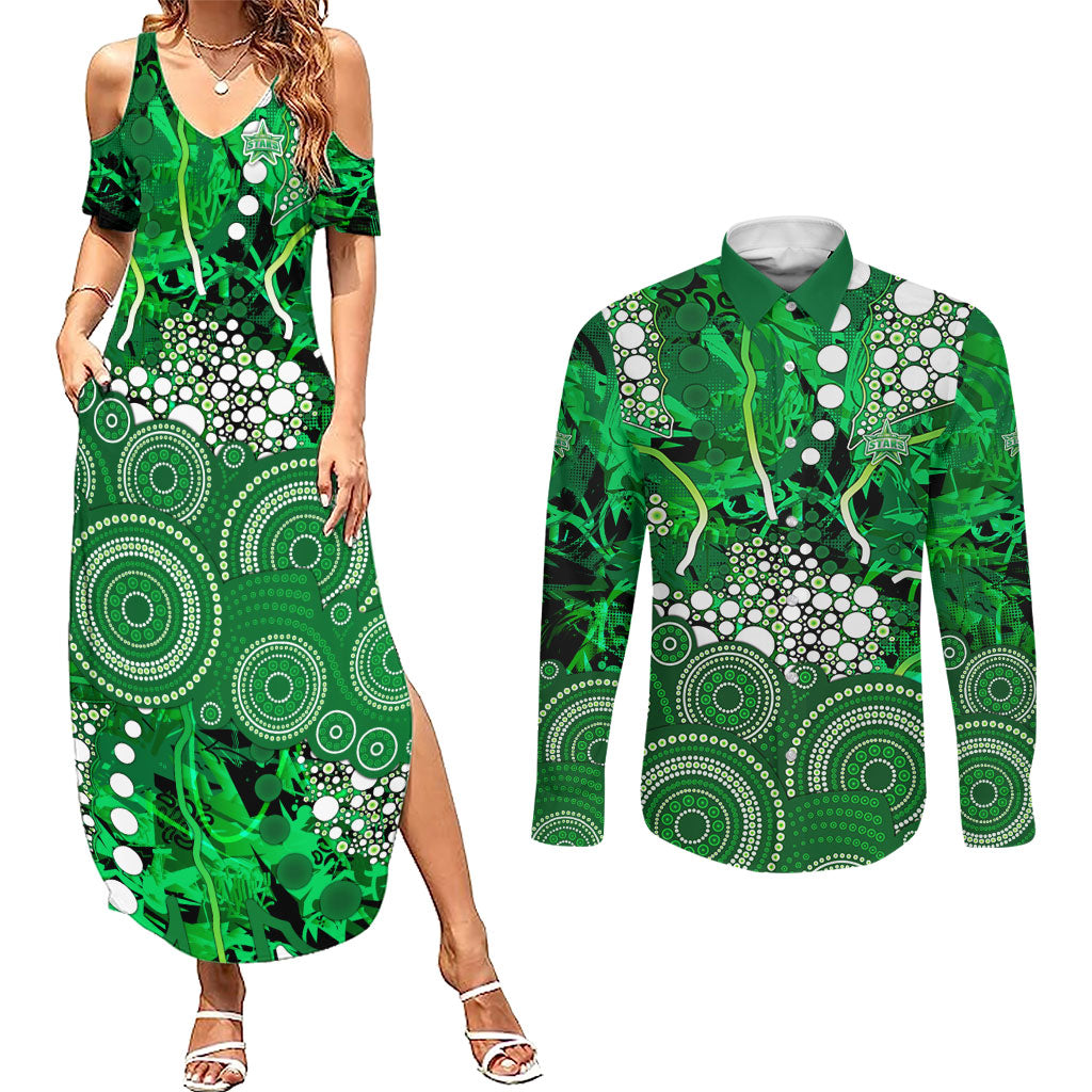 Melbourne Stars Couples Matching Summer Maxi Dress and Long Sleeve Button Shirt Graffiti Urban Aboriginal Dot Abstract Design