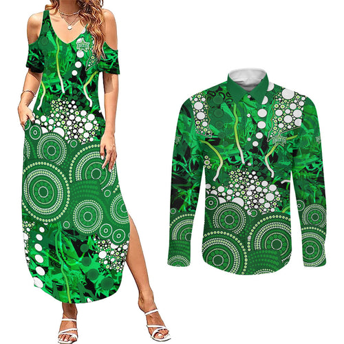 Melbourne Stars Couples Matching Summer Maxi Dress and Long Sleeve Button Shirt Graffiti Urban Aboriginal Dot Abstract Design