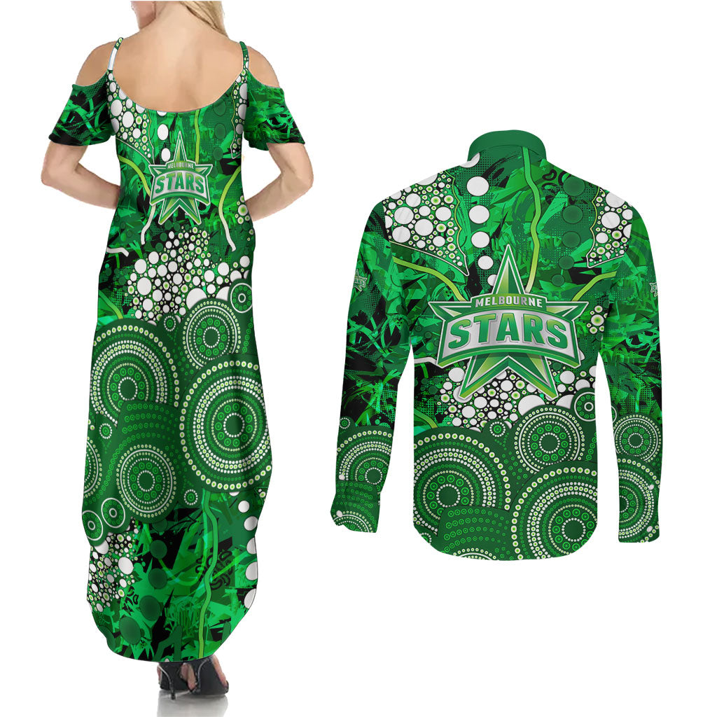 Melbourne Stars Couples Matching Summer Maxi Dress and Long Sleeve Button Shirt Graffiti Urban Aboriginal Dot Abstract Design