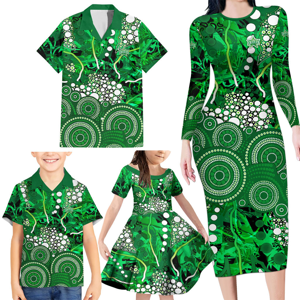 Melbourne Stars Family Matching Long Sleeve Bodycon Dress and Hawaiian Shirt Graffiti Urban Aboriginal Dot Abstract Design