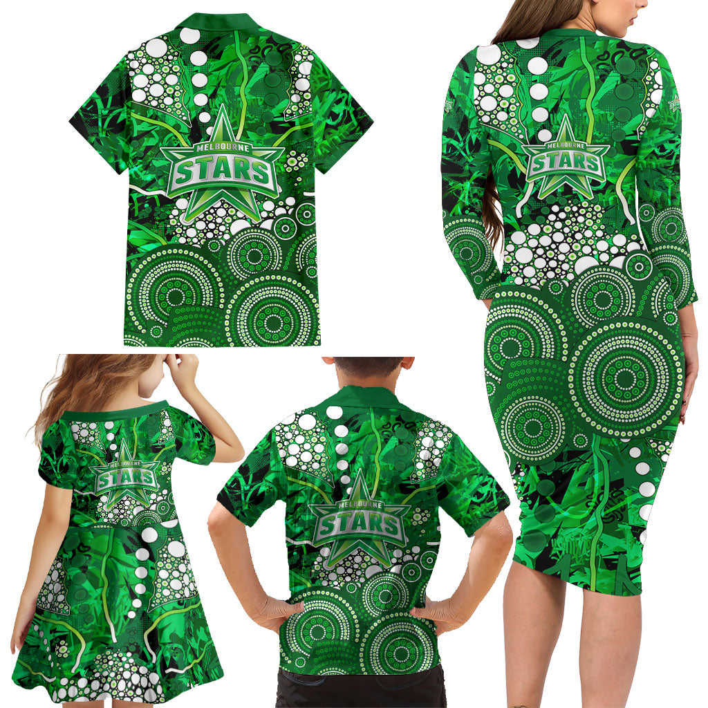 Melbourne Stars Family Matching Long Sleeve Bodycon Dress and Hawaiian Shirt Graffiti Urban Aboriginal Dot Abstract Design