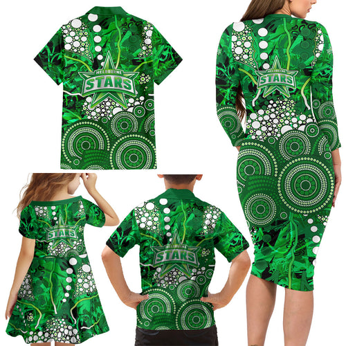 Melbourne Stars Family Matching Long Sleeve Bodycon Dress and Hawaiian Shirt Graffiti Urban Aboriginal Dot Abstract Design