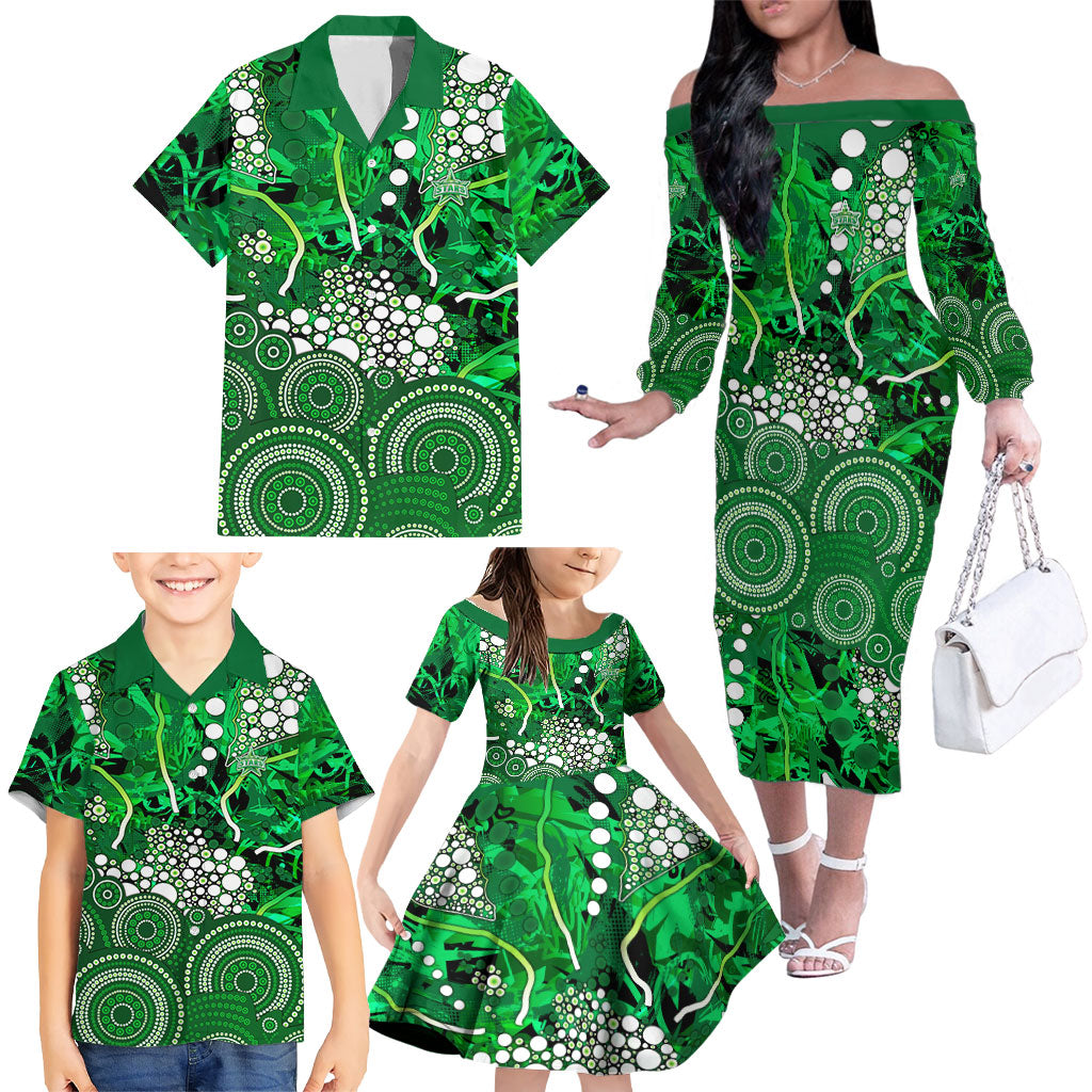Melbourne Stars Family Matching Off The Shoulder Long Sleeve Dress and Hawaiian Shirt Graffiti Urban Aboriginal Dot Abstract Design