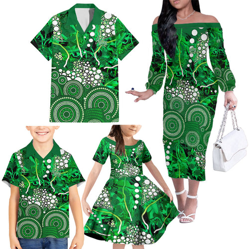 Melbourne Stars Family Matching Off The Shoulder Long Sleeve Dress and Hawaiian Shirt Graffiti Urban Aboriginal Dot Abstract Design