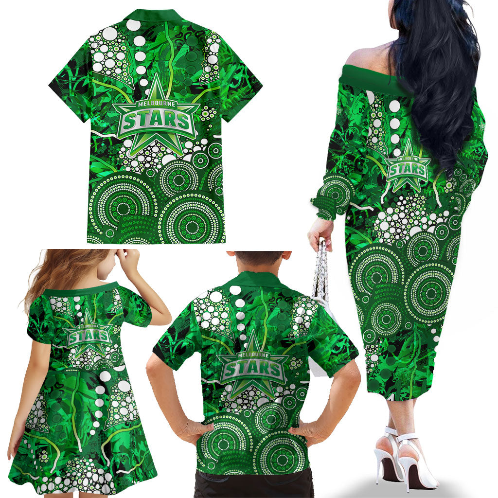 Melbourne Stars Family Matching Off The Shoulder Long Sleeve Dress and Hawaiian Shirt Graffiti Urban Aboriginal Dot Abstract Design
