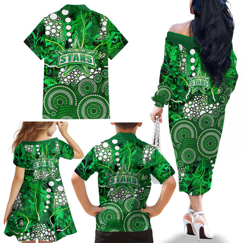Melbourne Stars Family Matching Off The Shoulder Long Sleeve Dress and Hawaiian Shirt Graffiti Urban Aboriginal Dot Abstract Design