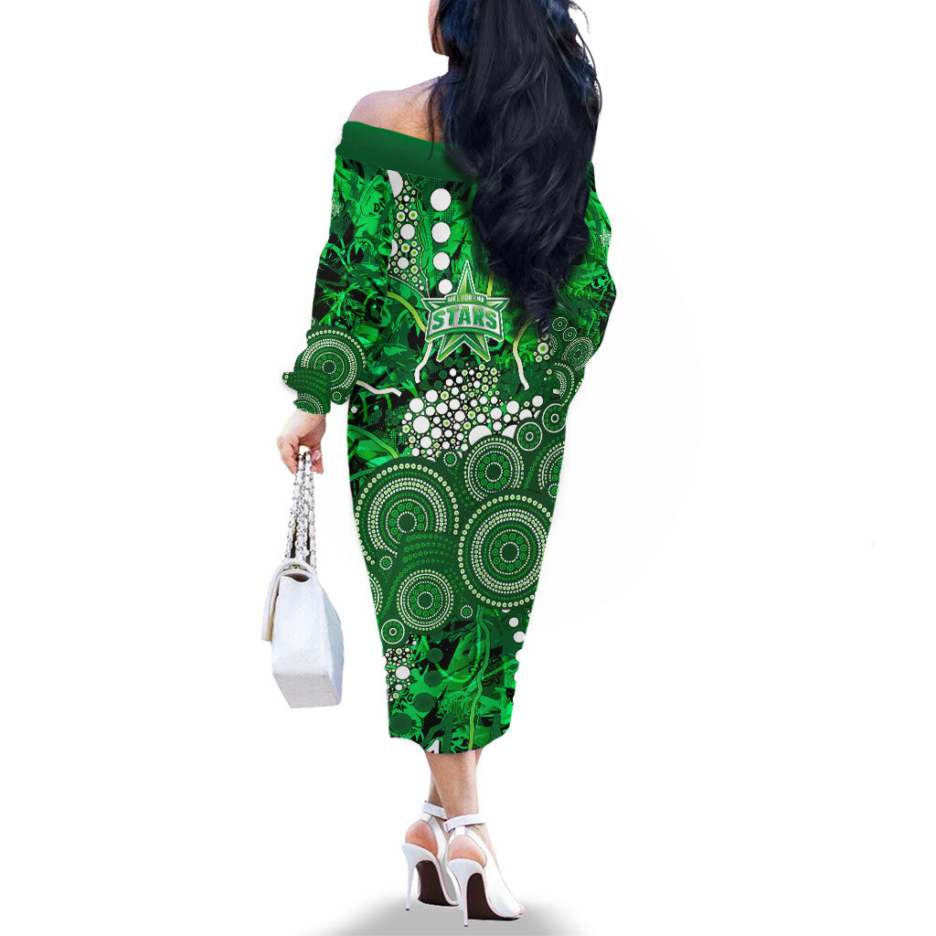 Melbourne Stars Family Matching Off The Shoulder Long Sleeve Dress and Hawaiian Shirt Graffiti Urban Aboriginal Dot Abstract Design