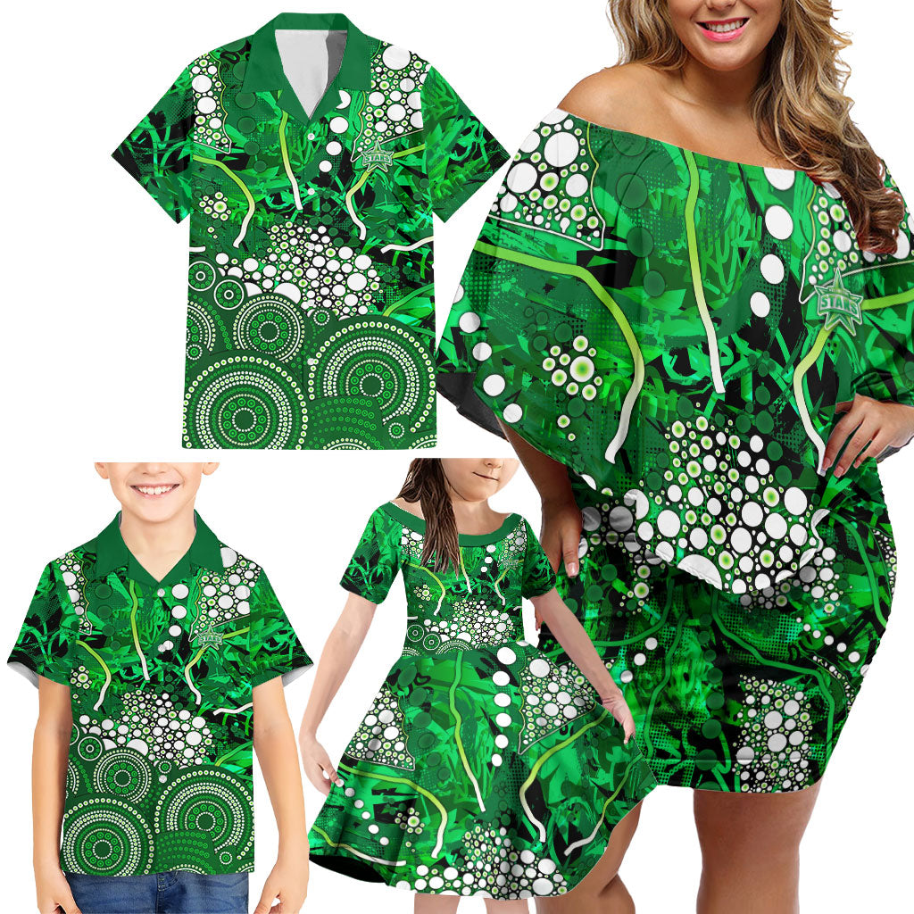Melbourne Stars Family Matching Off Shoulder Short Dress and Hawaiian Shirt Graffiti Urban Aboriginal Dot Abstract Design