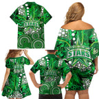 Melbourne Stars Family Matching Off Shoulder Short Dress and Hawaiian Shirt Graffiti Urban Aboriginal Dot Abstract Design