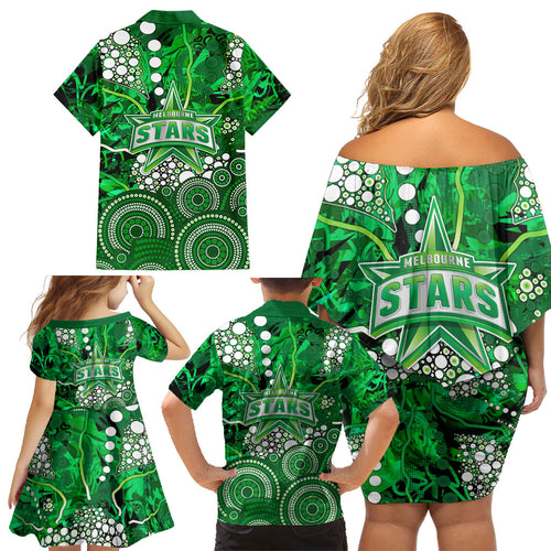 Melbourne Stars Family Matching Off Shoulder Short Dress and Hawaiian Shirt Graffiti Urban Aboriginal Dot Abstract Design