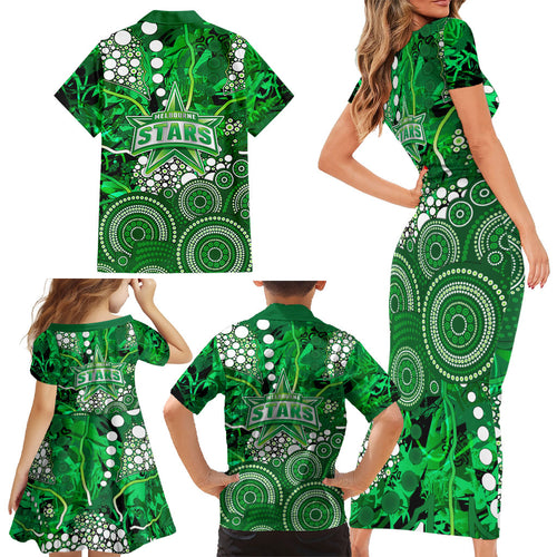 Melbourne Stars Family Matching Short Sleeve Bodycon Dress and Hawaiian Shirt Graffiti Urban Aboriginal Dot Abstract Design
